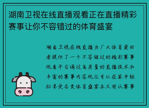 湖南卫视在线直播观看正在直播精彩赛事让你不容错过的体育盛宴