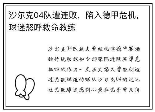 沙尔克04队遭连败，陷入德甲危机，球迷怒呼救命教练